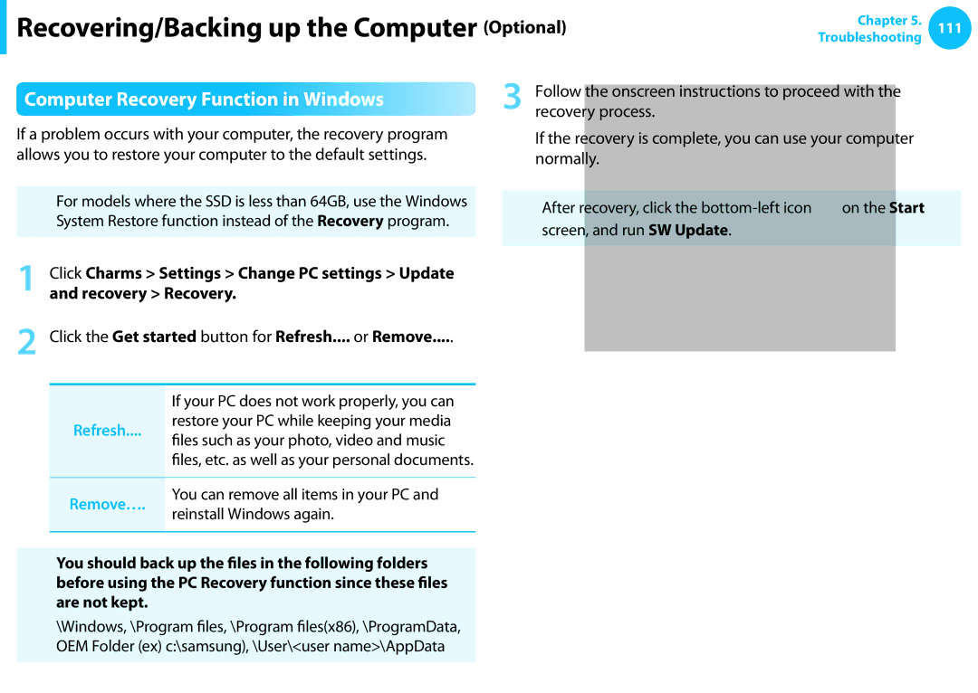 Samsung NP915S3GK02US, NP905S3GK02US user manual Computer Recovery Function in Windows 