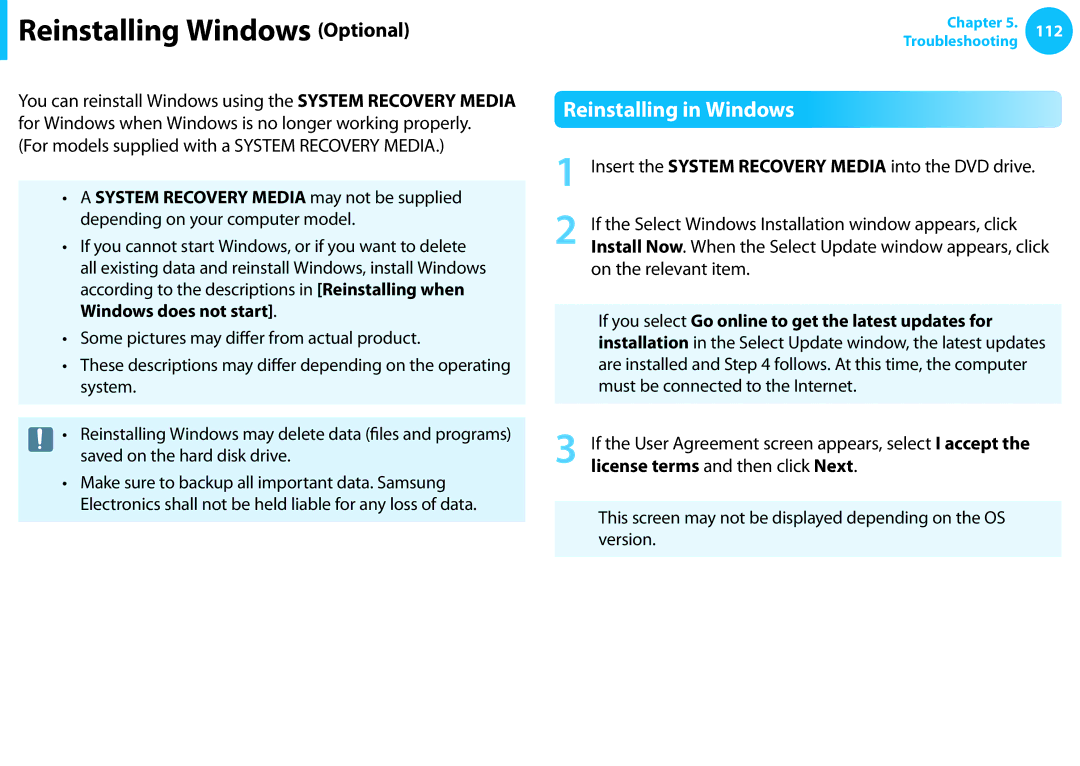 Samsung NP905S3GK02US, NP915S3GK02US user manual Reinstalling Windows Optional, Reinstalling in Windows 