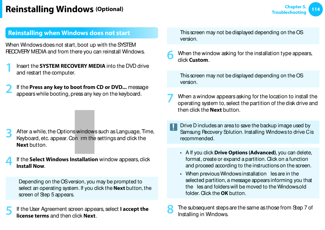 Samsung NP905S3GK02US, NP915S3GK02US user manual Reinstalling when Windows does not start, Install Now 