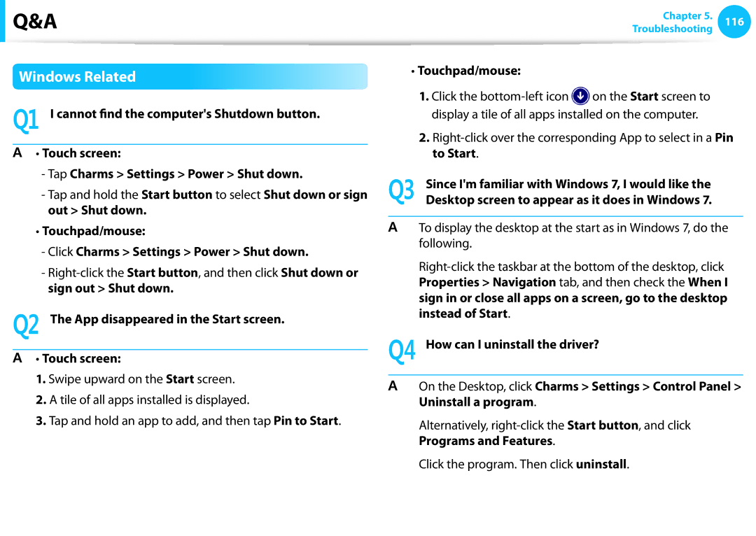 Samsung NP905S3GK02US, NP915S3GK02US user manual Windows Related, Touchpad/mouse Click Charms Settings Power Shut down 