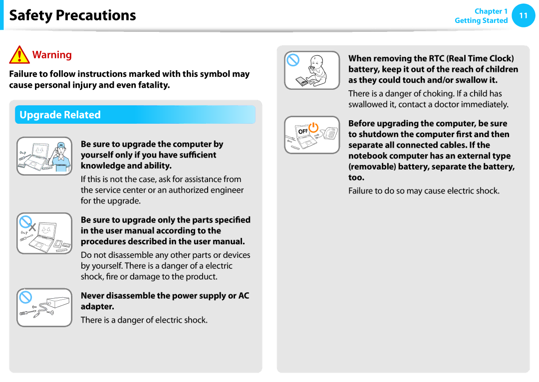 Samsung NP915S3GK02US, NP905S3GK02US user manual Upgrade Related, Never disassemble the power supply or AC adapter 