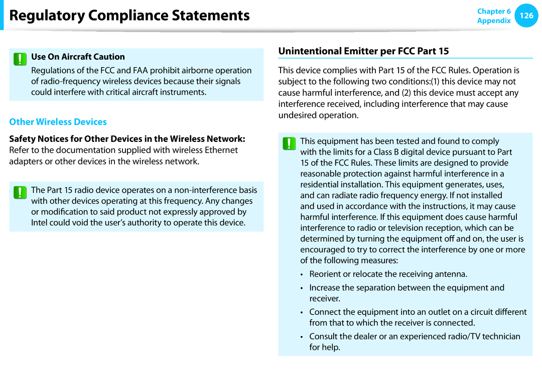 Samsung NP905S3GK02US, NP915S3GK02US user manual Unintentional Emitter per FCC Part, Use On Aircraft Caution 