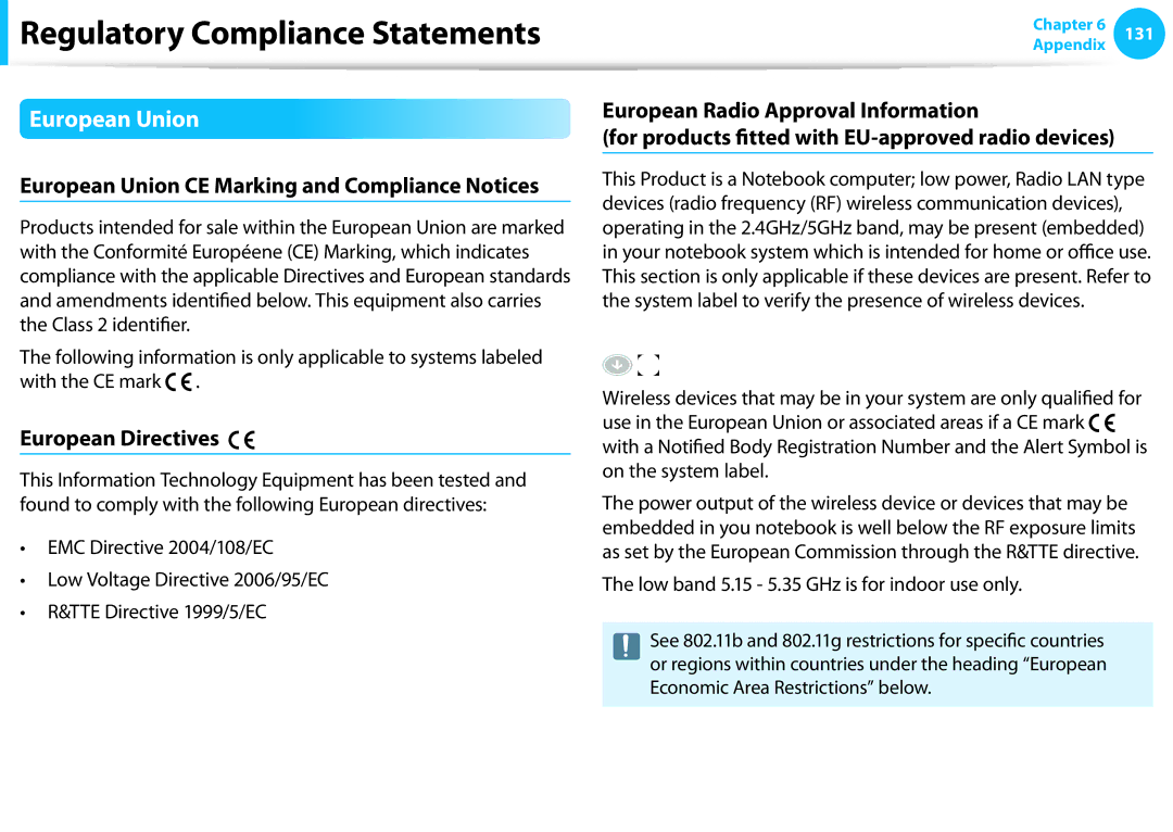 Samsung NP915S3GK02US, NP905S3GK02US user manual European Union CE Marking and Compliance Notices, European Directives 