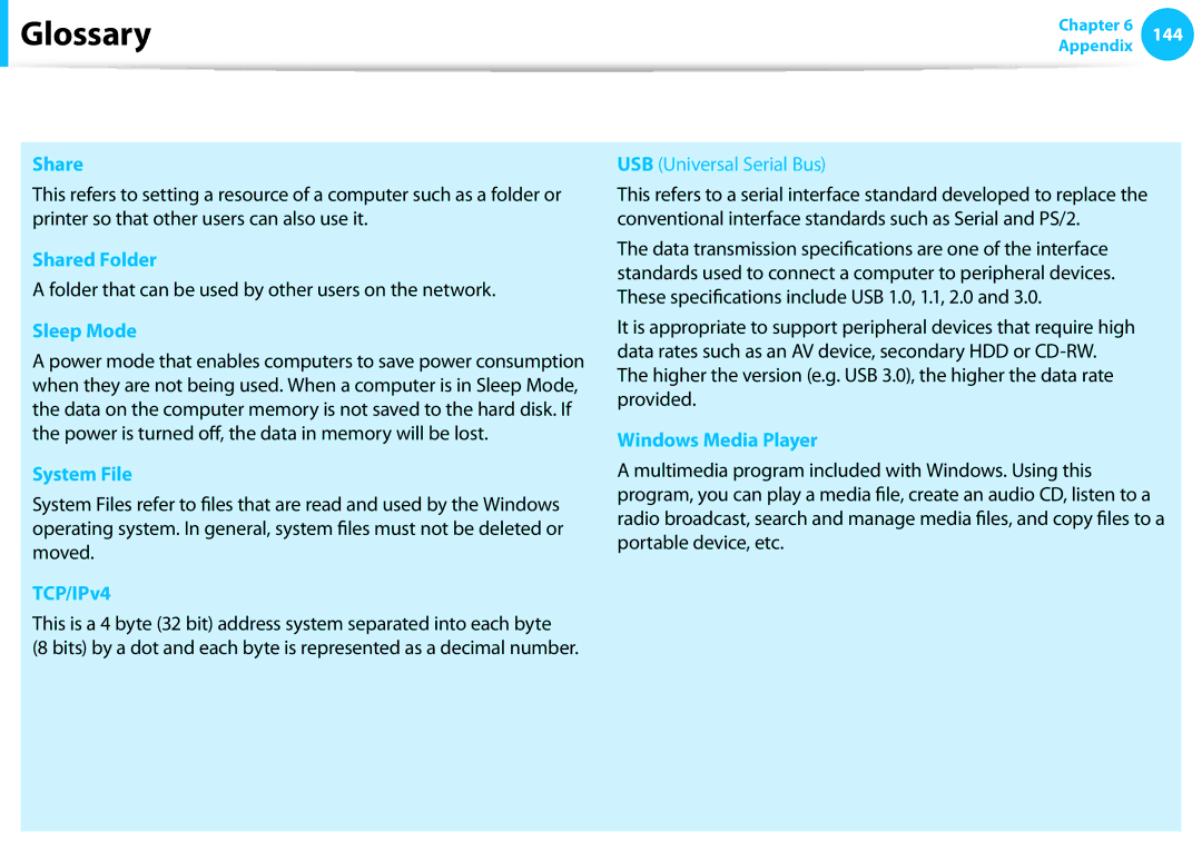 Samsung NP905S3GK02US, NP915S3GK02US user manual Shared Folder, Sleep Mode, System File, TCP/IPv4, Windows Media Player 