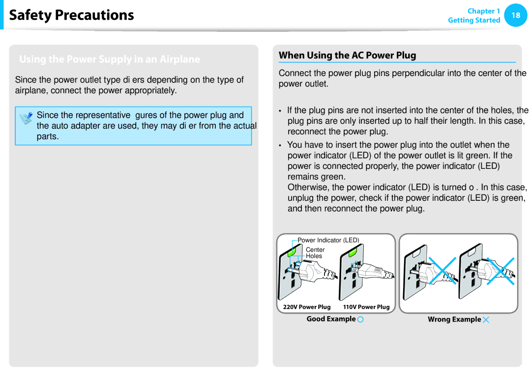 Samsung NP905S3GK02US, NP915S3GK02US user manual Using the Power Supply in an Airplane, When Using the AC Power Plug 