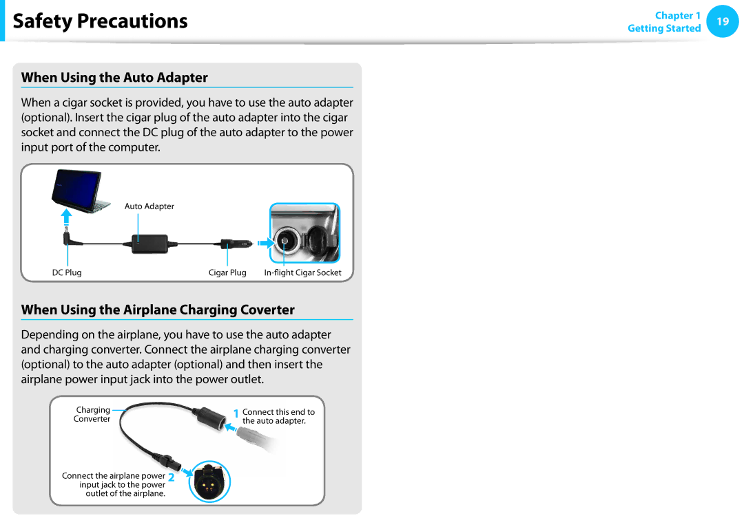 Samsung NP915S3GK02US, NP905S3GK02US user manual When Using the Auto Adapter, When Using the Airplane Charging Coverter 