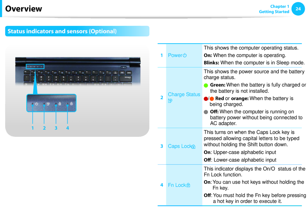 Samsung NP905S3GK02US, NP915S3GK02US user manual Status indicators and sensors Optional, Power, Caps Lock, Fn Lock 