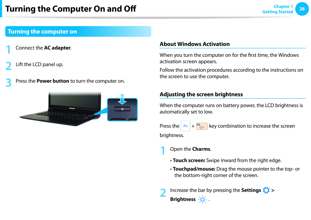Samsung NP905S3GK02US Turning the Computer On and Off, Turning the computer on, About Windows Activation, Brightness 