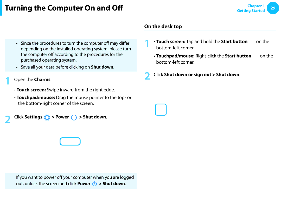 Samsung NP915S3GK02US, NP905S3GK02US user manual Turning the computer off, On the desk top, Click Settings Power 