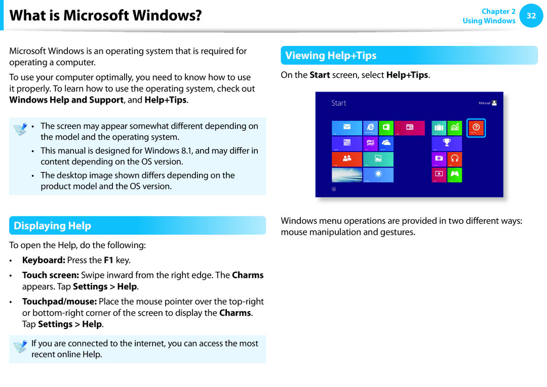 Samsung NP905S3GK02US, NP915S3GK02US user manual What is Microsoft Windows?, Viewing Help+Tips, Displaying Help 