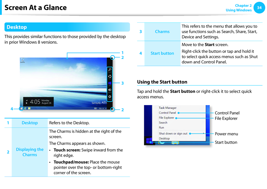 Samsung NP905S3GK02US, NP915S3GK02US user manual Desktop, Using the Start button, Touchpad/mouse Place the mouse 