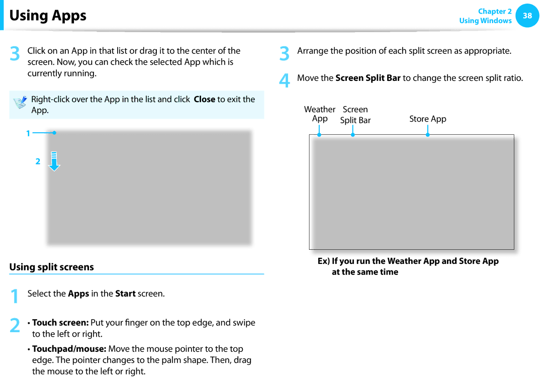 Samsung NP905S3GK02US user manual Using split screens, Select the Apps in the Start screen, To the left or right, Store App 