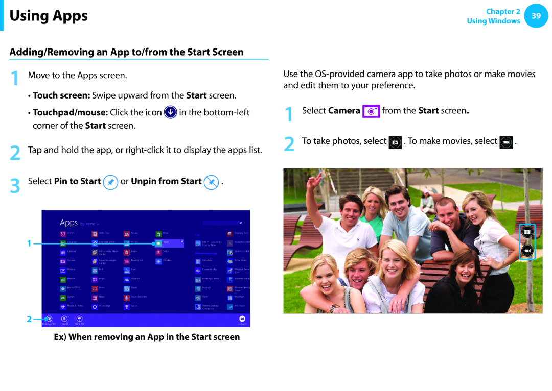 Samsung NP915S3GK02US, NP905S3GK02US user manual Camera App at a Glance, Adding/Removing an App to/from the Start Screen 