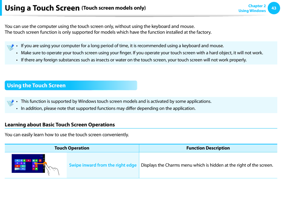 Samsung NP915S3GK02US, NP905S3GK02US user manual Using the Touch Screen, Using a Touch Screen Touch screen models only 