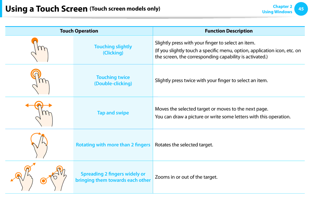 Samsung NP915S3GK02US Slightly press with your finger to select an item, Screen, the corresponding capability is activated 