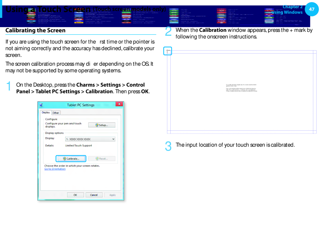 Samsung NP915S3GK02US, NP905S3GK02US user manual Calibrating the Screen, On the Desktop, press the Charms Settings Control 