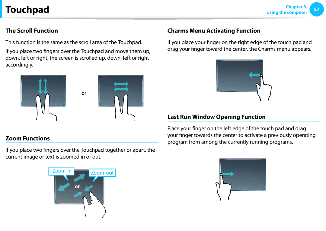 Samsung NP915S3GK02US Scroll Function, Zoom Functions, Charms Menu Activating Function, Last Run Window Opening Function 