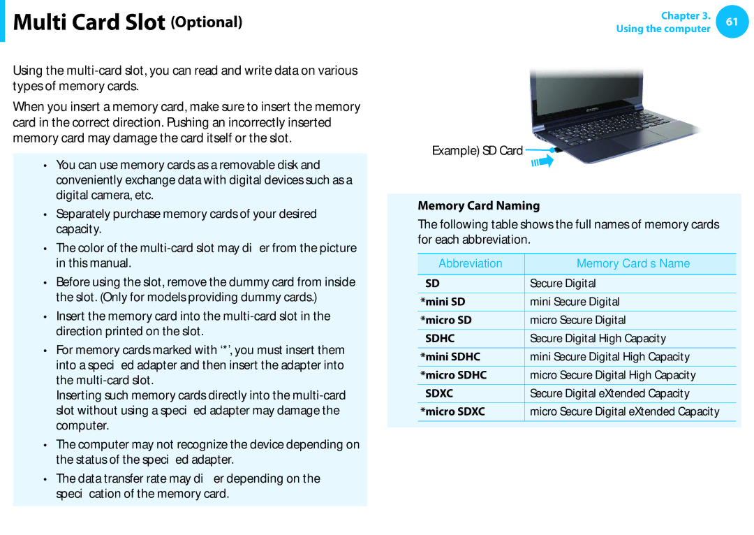 Samsung NP915S3GK02US, NP905S3GK02US user manual Multi Card Slot Optional, Example SD Card, Memory Card Naming 