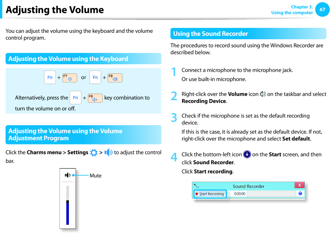 Samsung NP915S3GK02US, NP905S3GK02US user manual Adjusting the Volume using the Keyboard, Using the Sound Recorder 