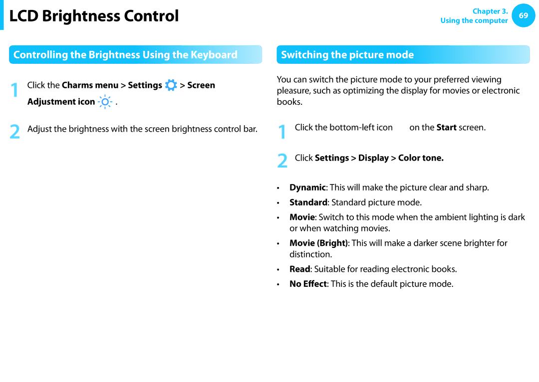 Samsung NP915S3GK02US LCD Brightness Control, Controlling the Brightness Using the Keyboard, Switching the picture mode 