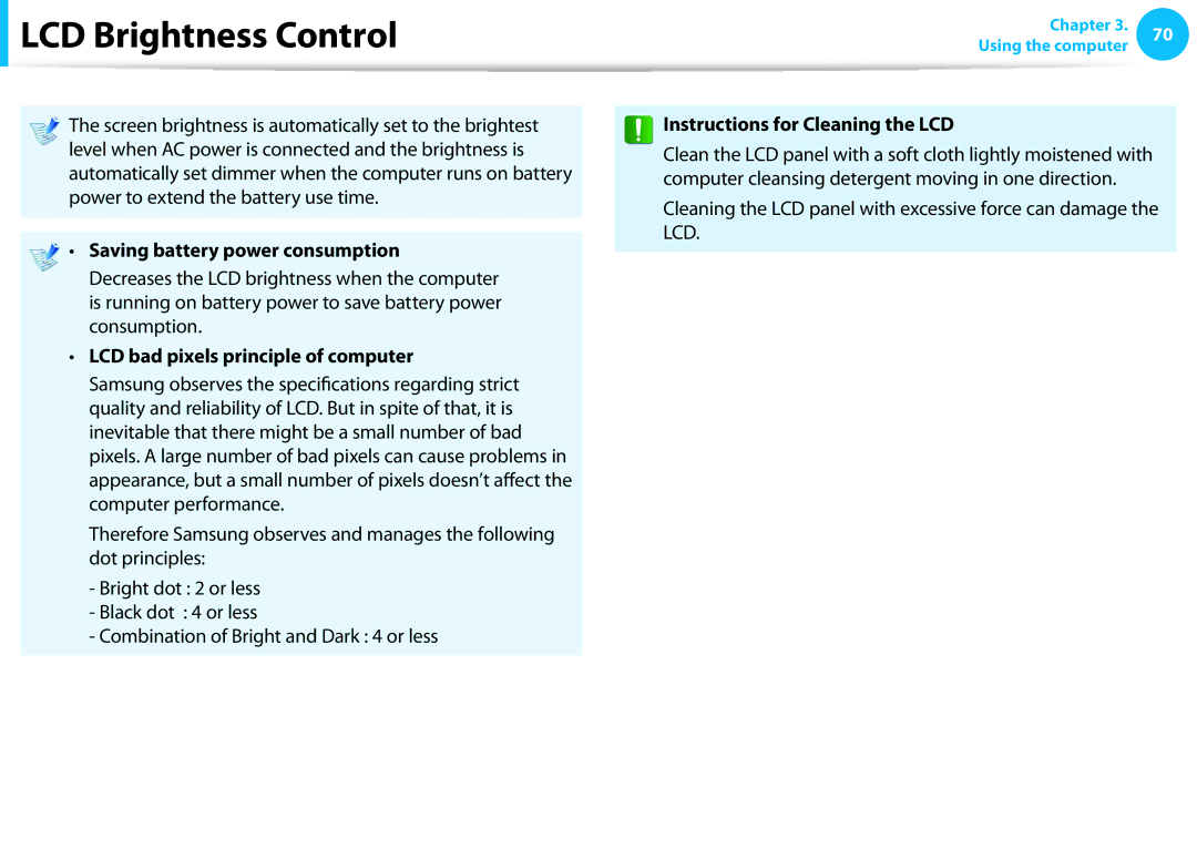 Samsung NP905S3GK02US, NP915S3GK02US user manual Saving battery power consumption, LCD bad pixels principle of computer 