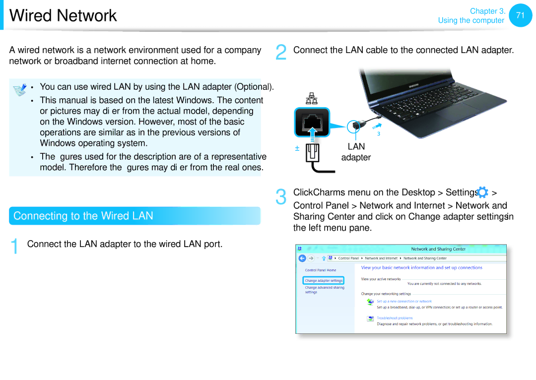 Samsung NP915S3GK02US, NP905S3GK02US user manual Wired Network, Connecting to the Wired LAN 