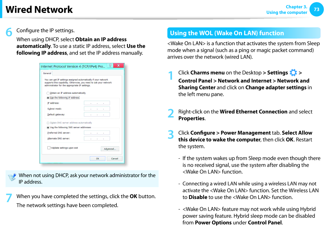 Samsung NP915S3GK02US user manual Using the WOL Wake On LAN function, Configure the IP settings, IP address, Left menu pane 