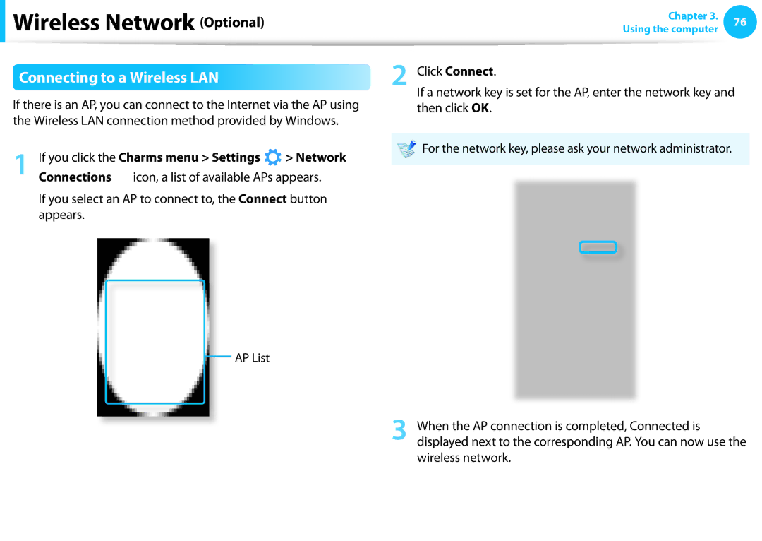 Samsung NP905S3GK02US, NP915S3GK02US user manual Connecting to a Wireless LAN, If you click the Charms menu Settings 