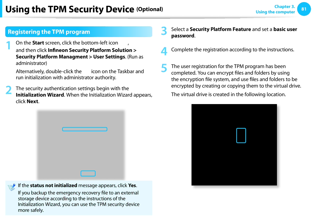 Samsung NP915S3GK02US user manual Registering the TPM program, On the Start screen, click the bottom-left icon, Click Next 