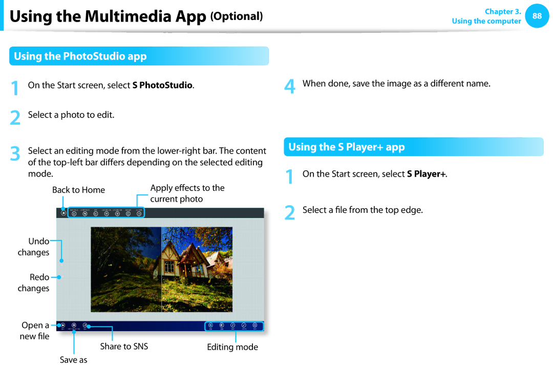 Samsung NP905S3GK02US, NP915S3GK02US user manual Using the PhotoStudio app, Using the S Player+ app 