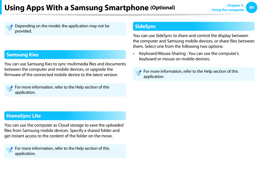 Samsung NP915S3GK02US, NP905S3GK02US Using Apps With a Samsung Smartphone Optional, Samsung Kies, SideSync, HomeSync Lite 