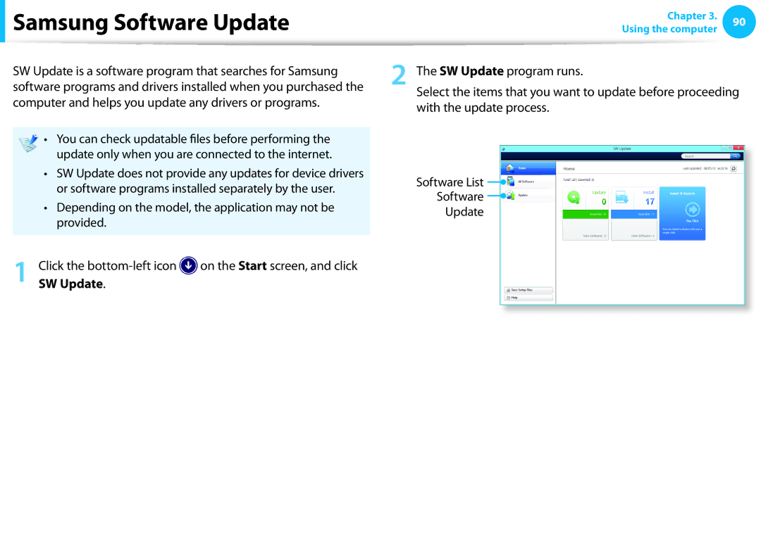 Samsung NP905S3GK02US Samsung Software Update, Select the items that you want to update before proceeding, SW Update 