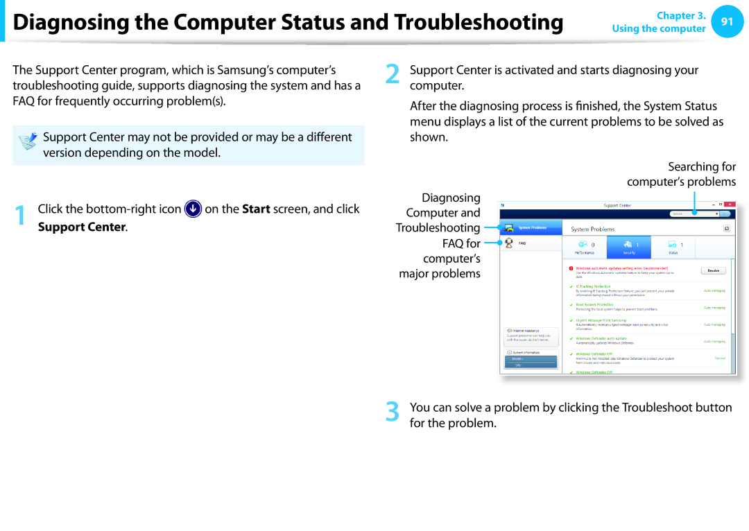 Samsung NP915S3GK02US, NP905S3GK02US user manual Diagnosing the Computer Status and Troubleshooting, Support Center 