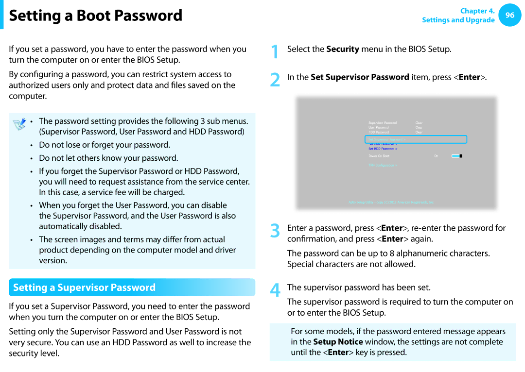 Samsung NP905S3GK02US, NP915S3GK02US user manual Setting a Boot Password, Setting a Supervisor Password 