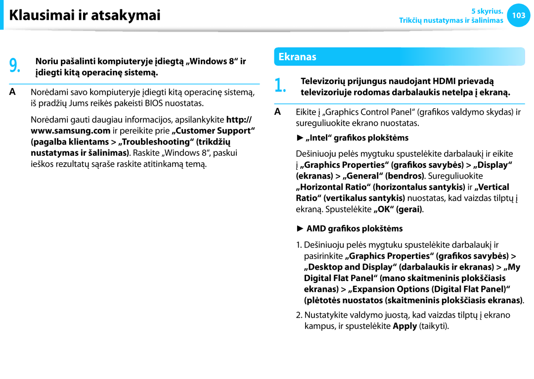 Samsung NP940X3G-K01EE manual Ekranas, Įdiegti kitą operacinę sistemą, Televizorių prijungus naudojant Hdmi prievadą 