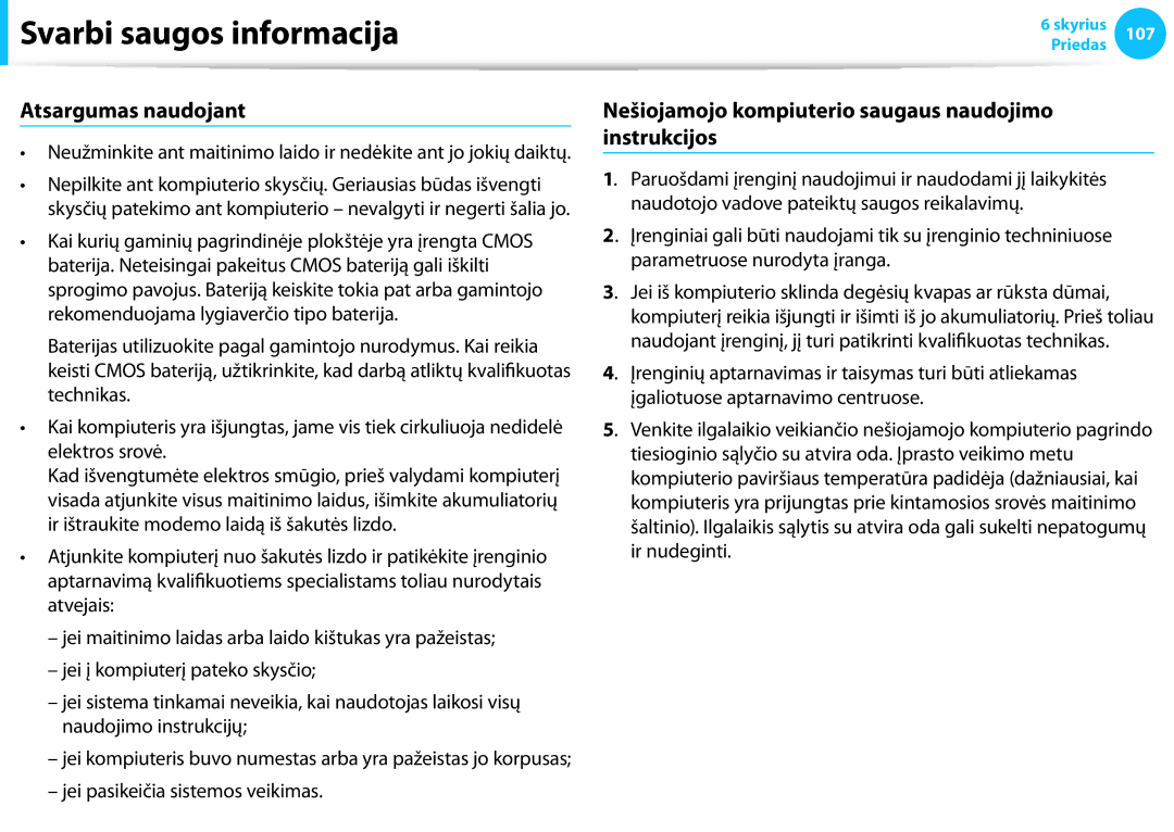 Samsung NP940X3G-K01EE manual Atsargumas naudojant, Nešiojamojo kompiuterio saugaus naudojimo instrukcijos 