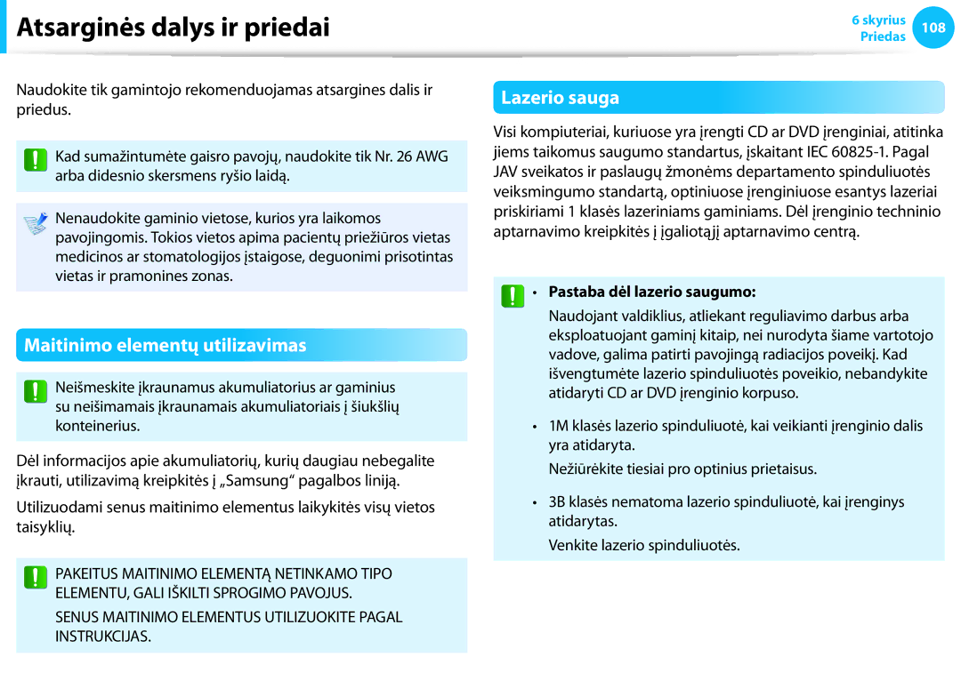 Samsung NP940X3G-K01EE manual Atsarginės dalys ir priedai, Maitinimo elementų utilizavimas, Lazerio sauga 