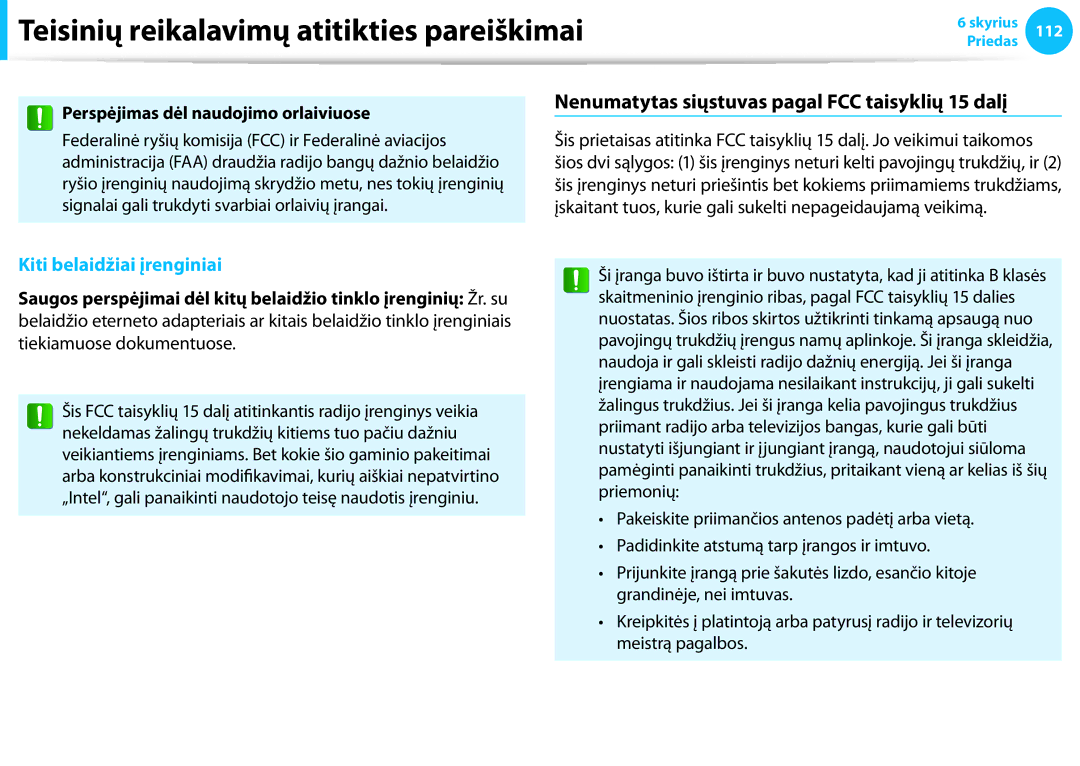 Samsung NP940X3G-K01EE manual Nenumatytas siųstuvas pagal FCC taisyklių 15 dalį, Perspėjimas dėl naudojimo orlaiviuose 