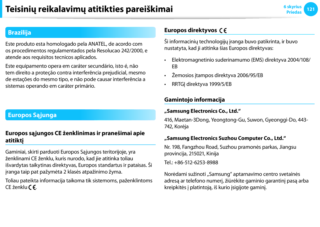 Samsung NP940X3G-K01EE manual Brazilija, Europos Sąjunga, Europos sąjungos CE ženklinimas ir pranešimai apie atitiktį 