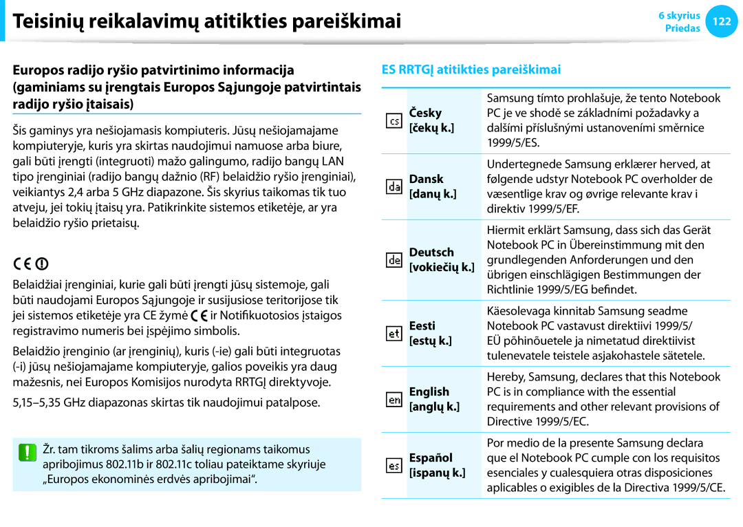 Samsung NP940X3G-K01EE manual Česky, Čekų k, Dansk, Danų k, Deutsch, Vokiečių k, Eesti, Estų k, English, Anglų k, Español 