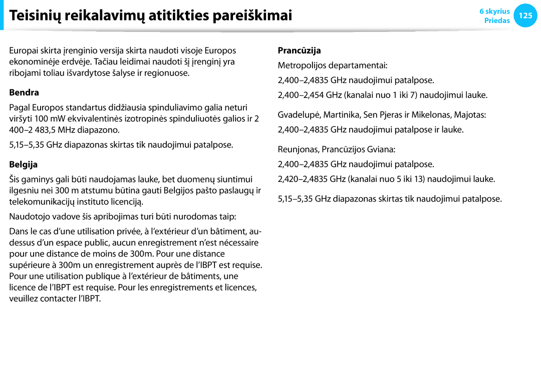 Samsung NP940X3G-K01EE manual Bendra, Belgija, Prancūzija, 400-2,454 GHz kanalai nuo 1 iki 7 naudojimui lauke 