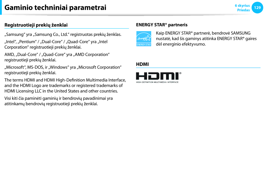 Samsung NP940X3G-K01EE manual Registruotieji prekių ženklai, Energy Star partneris 