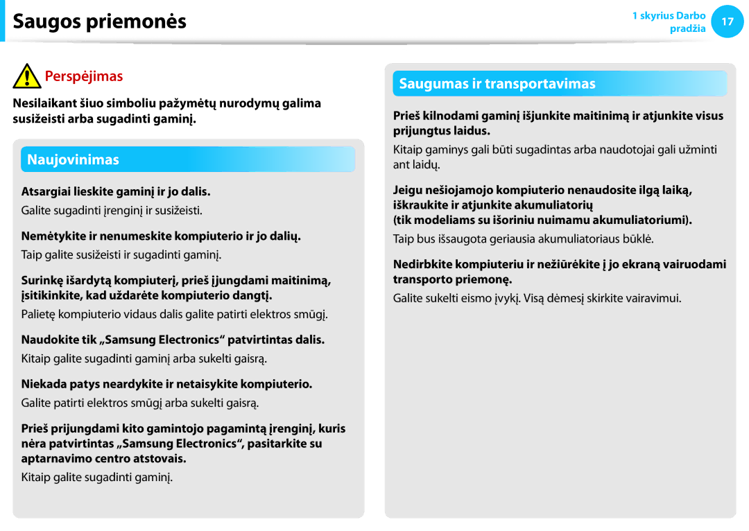 Samsung NP940X3G-K01EE manual Atsargiai lieskite gaminį ir jo dalis, Nemėtykite ir nenumeskite kompiuterio ir jo dalių 