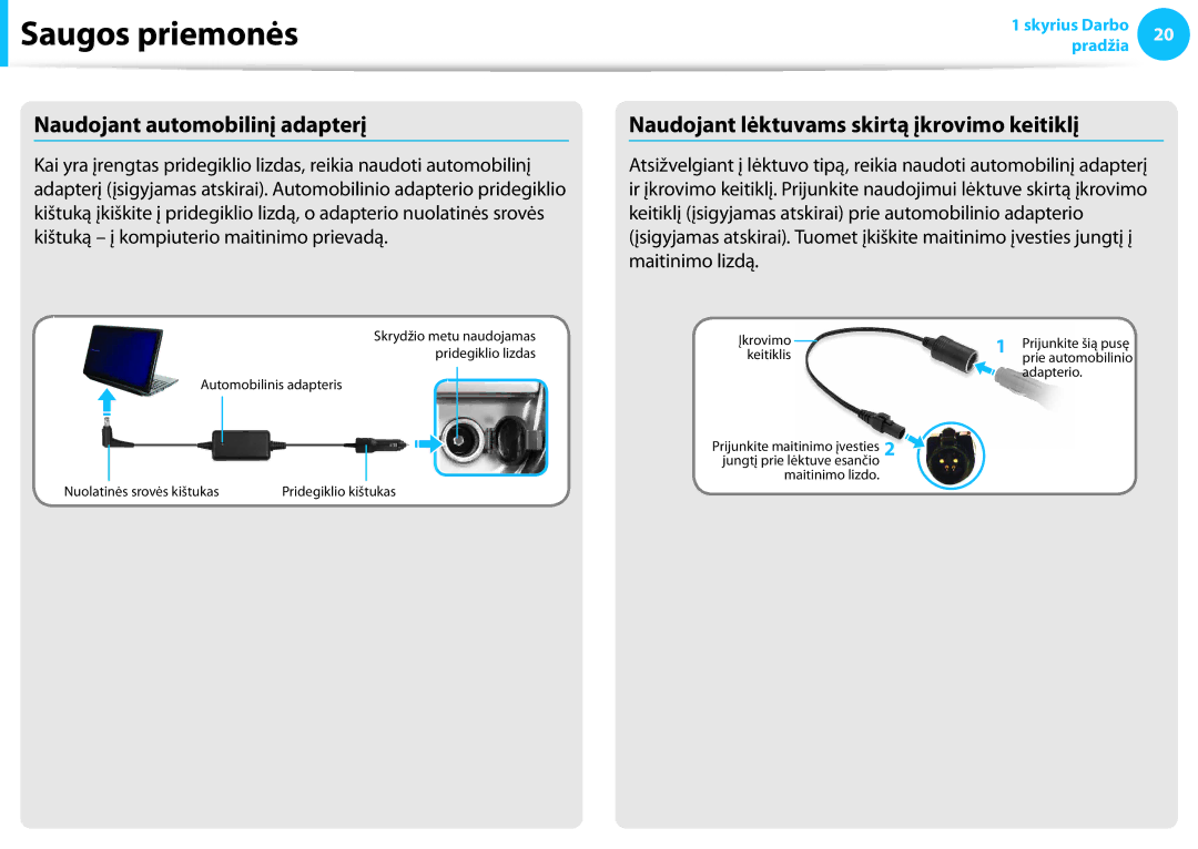 Samsung NP940X3G-K01EE manual Naudojant automobilinį adapterį, Naudojant lėktuvams skirtą įkrovimo keitiklį 