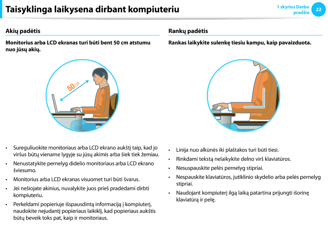 Samsung NP940X3G-K01EE manual Akių padėtis, Rankų padėtis 