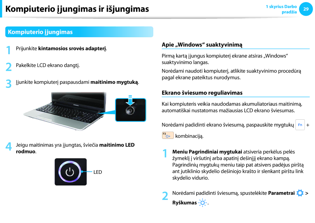 Samsung NP940X3G-K01EE manual Kompiuterio įjungimas, Apie „Windows suaktyvinimą, Ekrano šviesumo reguliavimas 