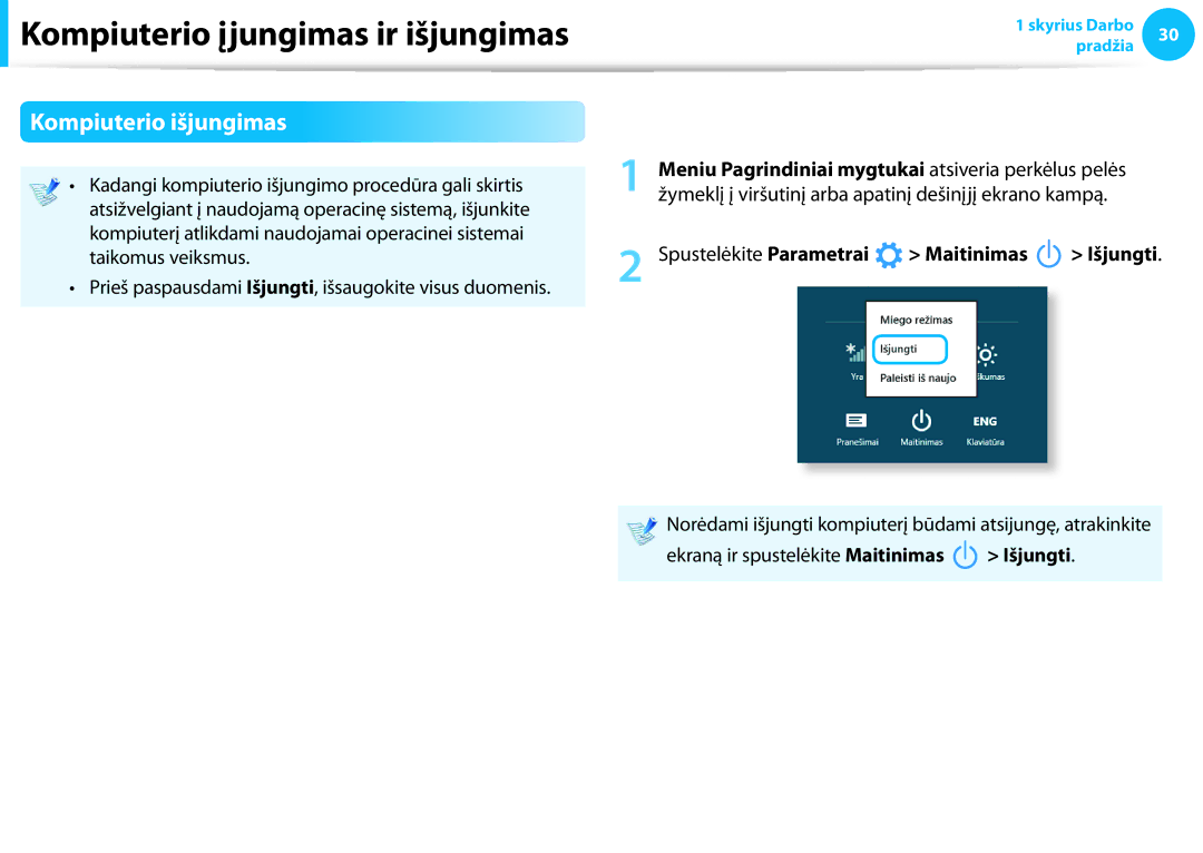 Samsung NP940X3G-K01EE manual Kompiuterio išjungimas, Žymeklį į viršutinį arba apatinį dešinįjį ekrano kampą 