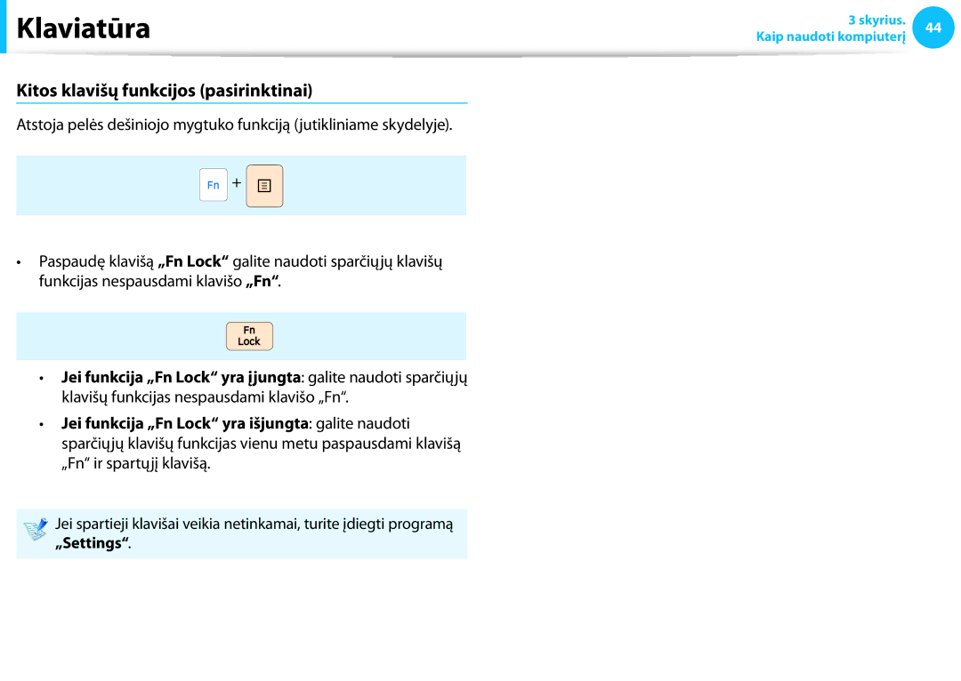 Samsung NP940X3G-K01EE manual Kitos klavišų funkcijos pasirinktinai, „Settings 