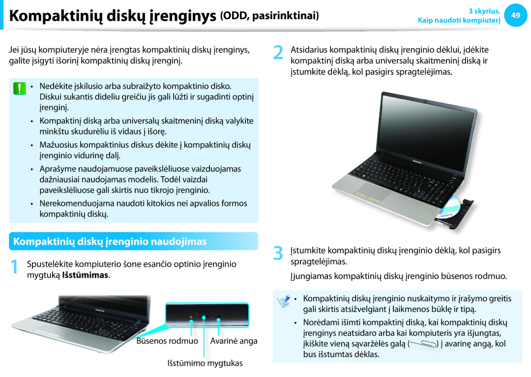 Samsung NP940X3G-K01EE manual Kompaktinių diskų įrenginys ODD, pasirinktinai, Kompaktinių diskų įrenginio naudojimas 