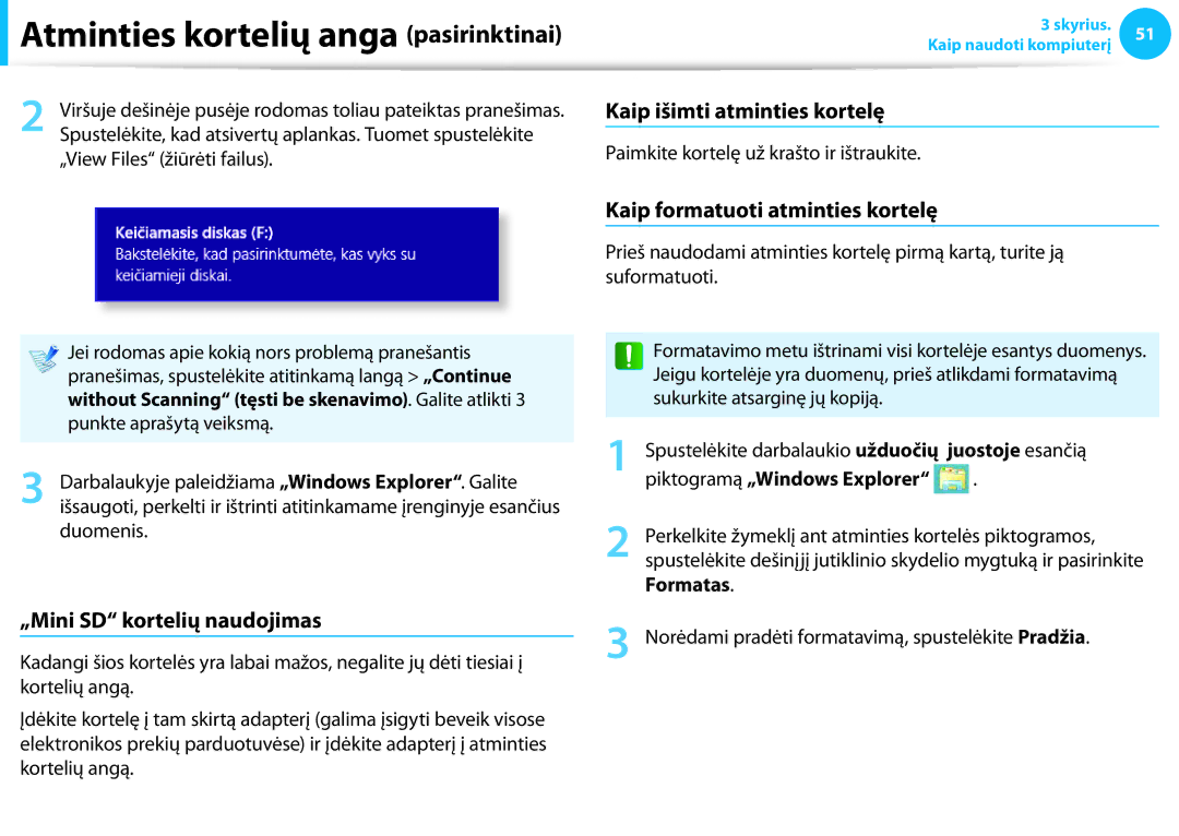 Samsung NP940X3G-K01EE Kaip išimti atminties kortelę, „Mini SD kortelių naudojimas, Kaip formatuoti atminties kortelę 